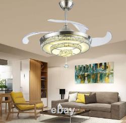 42 Silver Invisible Ceiling Fan Light LED 3-Color Change Crystal Chandeliers