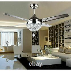 44 Crystal Ceiling Fan with Light 4 Stainless Blades LED Chandelier Lamp Remote