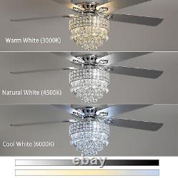 52 Ceiling Fan 5 Blades LED Crystal Chandelier Light 3 Speed with Remote Control