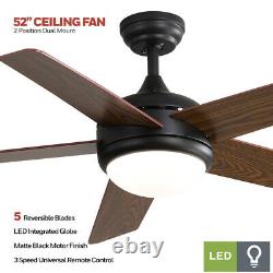 52 Ceiling Fan & Light Black 5 Reversible Blades & Motor 3 Speed Remote Control
