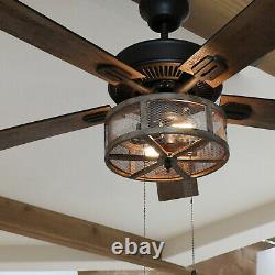 52in 5-Blade Woodgrain Caged Farmhouse LED Lighted Ceiling Fan Pull Chain