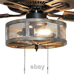 52in 5-Blade Woodgrain Caged Farmhouse LED Lighted Ceiling Fan Pull Chain