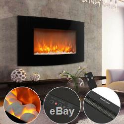 Black Curved Glass Wall Hung Fire Flame Effect Fireplace LED Lighted Arch Heater