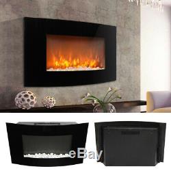 Black Curved Glass Wall Hung Fire Flame Effect Fireplace LED Lighted Arch Heater