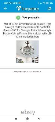 Crystal Ceiling Fan Light Chandelier Invisible Blades Remote Control 42 Bnib
