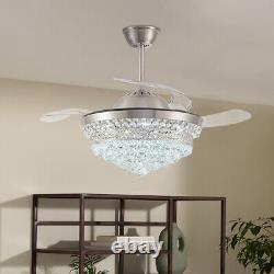 Crystal Ceiling Fan Light Remote Control Chandelier LED Lamp & Retractable Blade