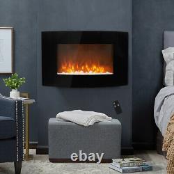 Curved Glass Electric Fireplace 35 Wall Mounted withPebbles LED Fire Flame Heater