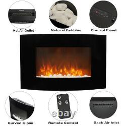 Curved Glass Electric Fireplace 35 Wall Mounted withPebbles LED Fire Flame Heater