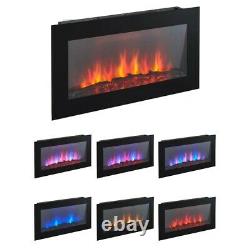 Electric Wall Mounted Log Effect Fireplace Flat Wide Screen 7 Colour LED Flame