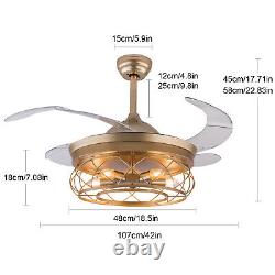 Gold Metal Caged Ceiling Fan LED Light Remote Control Pendant Chandelier Lamp