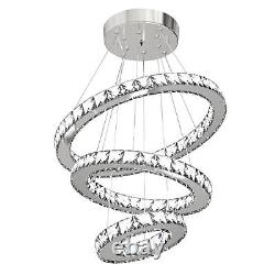 HOMCOM LED Dimmable Chandelier with 3 Crystal Rings Flexible Cable Silver