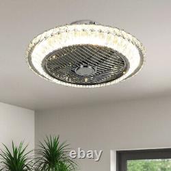 Round Crystal Ceiling Fan Light 3-Color Chandelier Lamp Bluetooth Remote Control