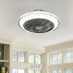 Round Crystal Ceiling Fan Light 3-Color Chandelier Lamp Bluetooth Remote Control