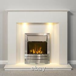WHITE MARBLE MODERN SURROUND SILVER ELECTRIC FIRE FIREPLACE SUITE DOWNLIGHTS 2kW