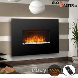 Wall Mounted Electric Fire Slim Fireplace Black Glass Remote Control Living Room